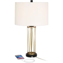360 Lighting Nathan Modern Table Lamps 25 1/2" High Set Of 2 Gold Metal With USB Charging Ports Off White Drum Shade For Bedroom Living Room Home Desk -360 Lighting GUEST d5b56ef7 fc23 4d83 89f4 7a63669ecb9b