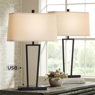 360 Lighting Cole Modern Table Lamps 27" Tall Set Of 2 Black Metal With USB Charging Ports White Rectangular Shade For Bedroom Living Room Bedside 3 360 Lighting Cole Modern Table Lamps 27" Tall Set Of 2 Black Metal With USB Charging Ports White Rectangular Shade For Bedroom Living Room Bedside