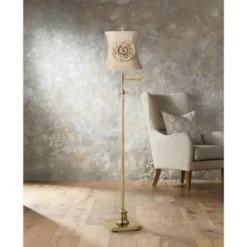 360 Lighting Traditional Swing Arm Floor Lamp Adjustable Height 70" Tall Antique Brass Almond Flower Linen Drum Shade Living Room Bedroom
