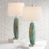 360 Lighting Azure Modern Table Lamps 29 1/2" Tall Set Of 2 Blue Brown Art Glass White Fabric Drum Shade For Bedroom Living Room Bedside Nightstand -360 Lighting GUEST e7d8ce38 ee5d 46f7 a280 1f3c8cf6f4fc