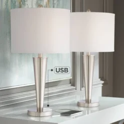 360 Lighting Geoff Modern Table Lamps 26" High Set Of 2 Brushed Nickel With USB Charging Port White Drum Shade For Bedroom Living Room Bedside Desk