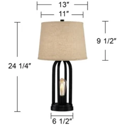 360 Lighting Marcel Industrial Table Lamps 24 1/4" High Set Of 2 Black With USB Port LED Nightlight Burlap Drum Shade For Bedroom Living Room Desk -360 Lighting GUEST eb633317 f600 45d3 ae18 d56b75f16339