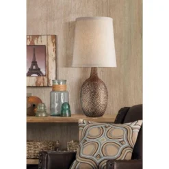 360 Lighting Chalane Rustic Accent Table Lamp 23 1/2" High Antique Bronze Hammered Texture Natural Beige Linen Shade For Bedroom Living Room Bedside -360 Lighting GUEST f125bc77 4265 437c 8fc4 29d5fb581972