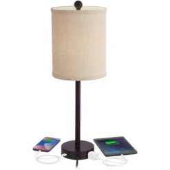 360 Lighting Trotter Modern Table Lamps 23 3/4" High Set Of 2 Oiled Bronze With USB And AC Power Outlet In Base Burlap Shade For Living Room Home Desk -360 Lighting GUEST f42be8a5 db13 4741 900b 079e5742d1a8