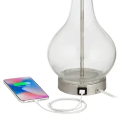 360 Lighting Modern Accent Table Lamps 21.75" High Set Of 2 With USB Charging Port Clear Glass Blue Drum Shade For Living Room Desk Bedroom Office -360 Lighting GUEST f6595bd8 793b 43e3 bb52 bb51684af625