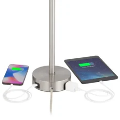 360 Lighting Trotter Modern Table Lamps 23 3/4" High Set Of 2 Brushed Nickel With USB And AC Power Outlet In Base White Fabric Cylinder For Home Desk -360 Lighting GUEST f76de4d6 c4b1 4912 b5c5 06debc3af599