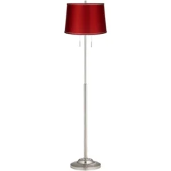 360 Lighting Abba Modern Floor Lamp Standing 66" Tall Brushed Nickel Silver Metal Red Satin Tapered Drum Shade For Living Room Bedroom Office House