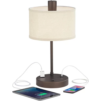 360 Lighting Colby Modern Desk Lamp 21" High Bronze With USB And AC Power Outlet In Base White Linen Drum Shade For Bedroom Living Room Office Family 4 360 Lighting Colby Modern Desk Lamp 21" High Bronze With USB And AC Power Outlet In Base White Linen Drum Shade For Bedroom Living Room Office Family - Image 2